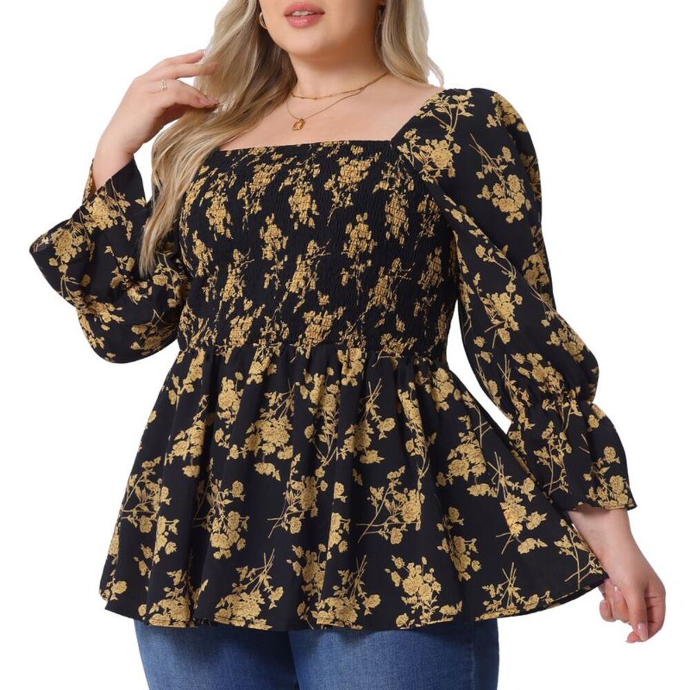 Women's Plus Size Floral Print Square Neck Casual Peplum Blouses Shirts Black